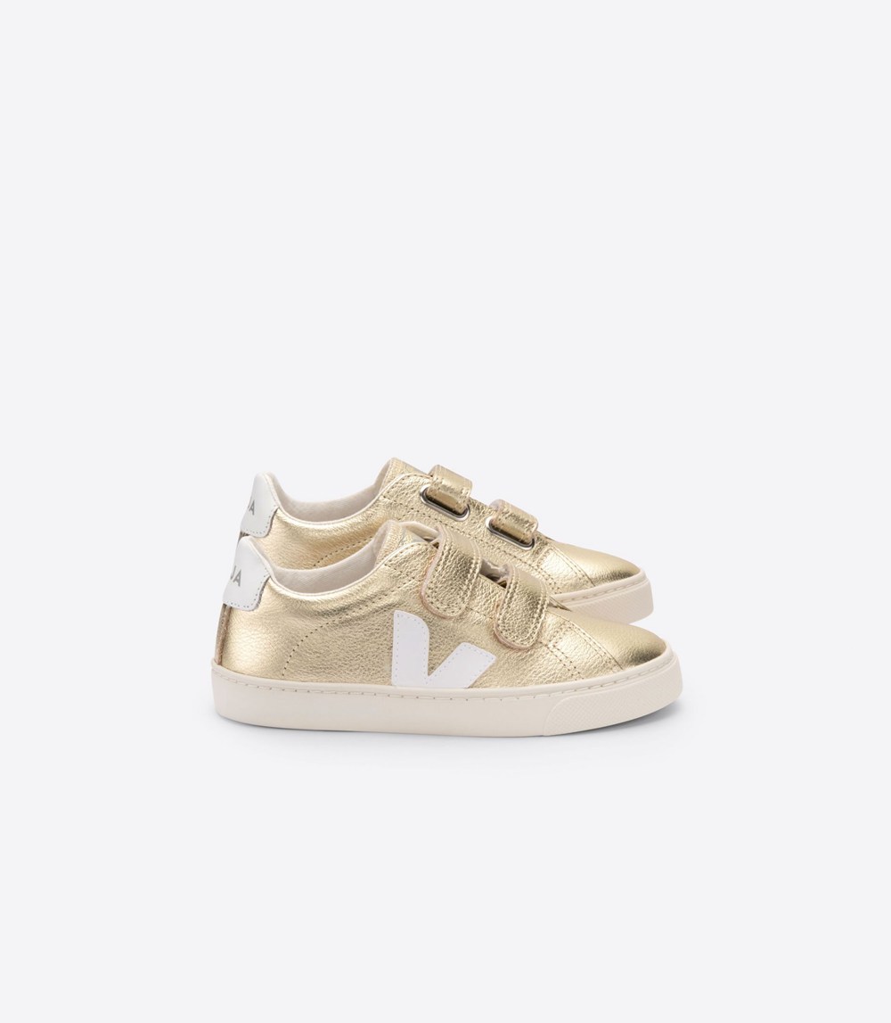 Veja Trainers Kids Gold/White - Esplar Velcro Leather - LJQM-19863